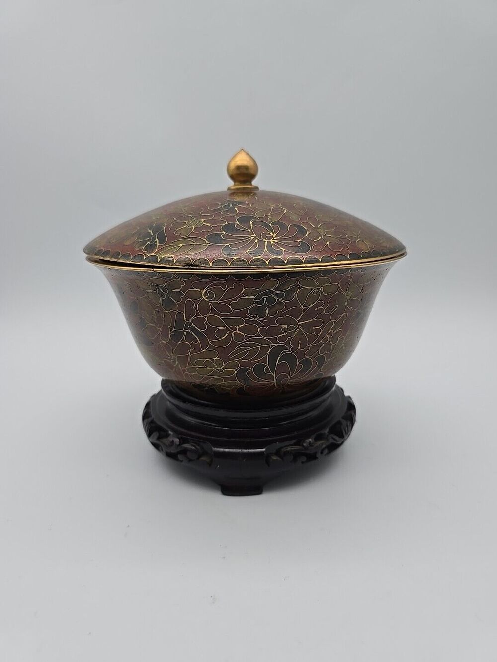 Vintage Chinese Cloisonne Covered Bowl on Wood Stand Enamel over Copper Floral